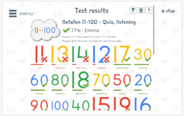 Test results provide insight into the child's vocabulary knowledge of the Numbers 11-100 theme