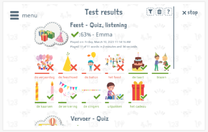 Test results provide insight into the child's vocabulary knowledge of the Party theme