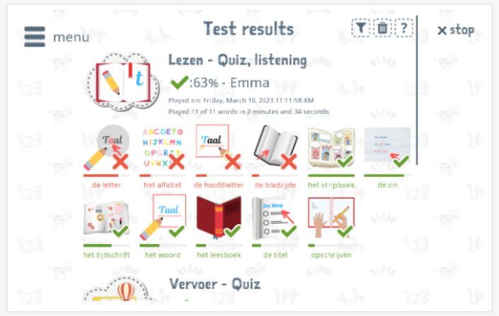 Test results provide insight into the child's vocabulary knowledge of the Reading theme