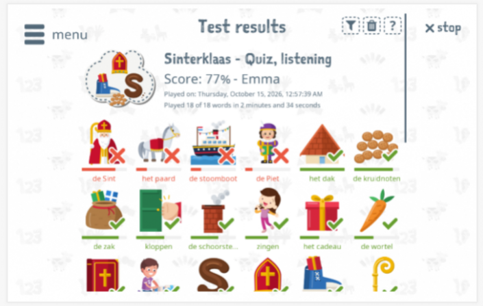 Test results provide insight into the child's vocabulary knowledge of the Saint Nicholas theme