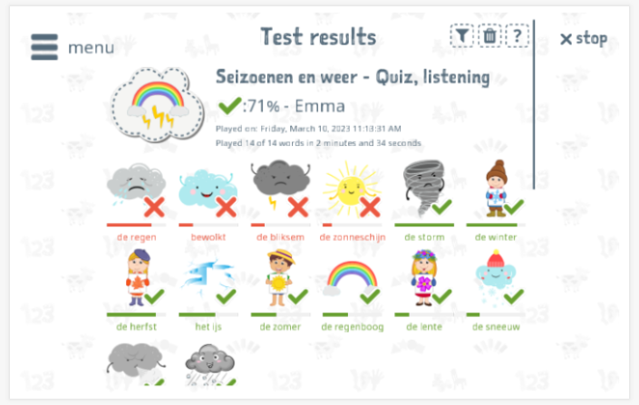 Test results provide insight into the child's vocabulary knowledge of the Seasons and weather theme