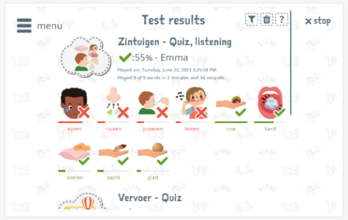 Test results provide insight into the child's vocabulary knowledge of the Senses theme