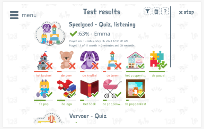 Test results provide insight into the child's vocabulary knowledge of the Toys theme