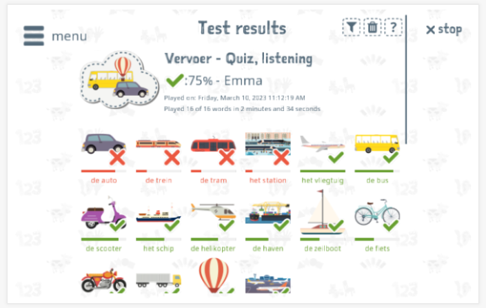 Test results provide insight into the child's vocabulary knowledge of the Transportation theme