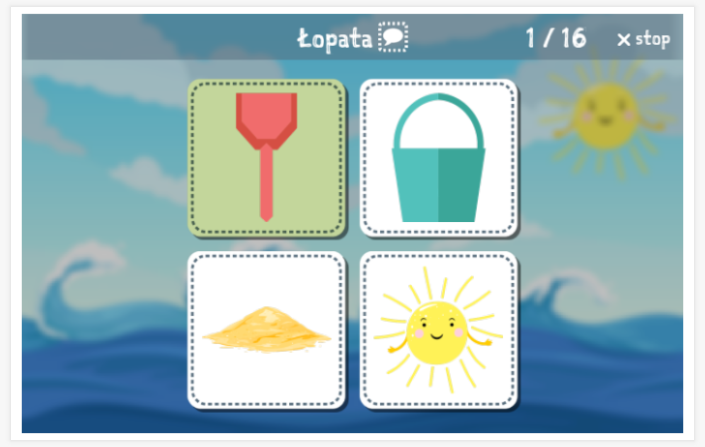 Beach theme Language test (reading and listening) of the app Polish for children
