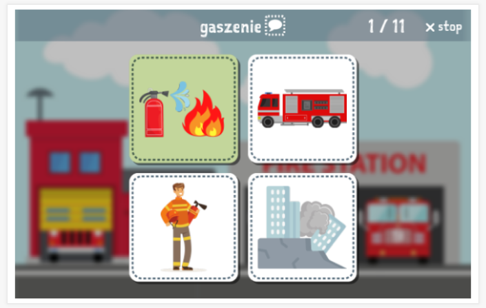 Fire-brigade theme Language test (reading and listening) of the app Polish for children