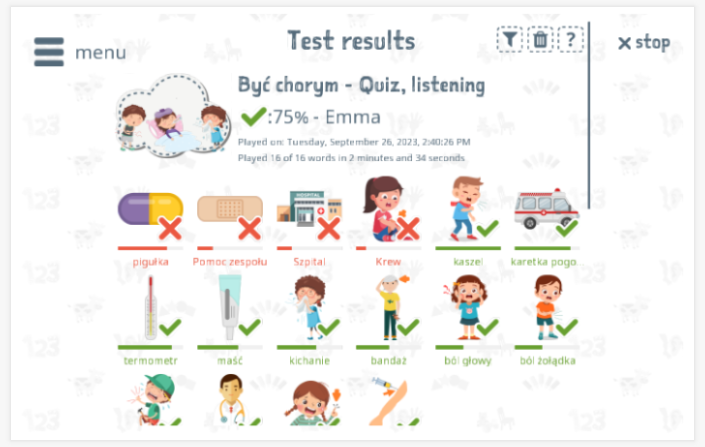 Test results provide insight into the child's vocabulary knowledge of the Be ill theme