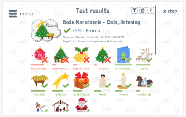 Test results provide insight into the child's vocabulary knowledge of the Christmas theme