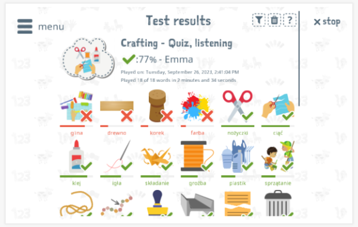 Test results provide insight into the child's vocabulary knowledge of the Crafting theme