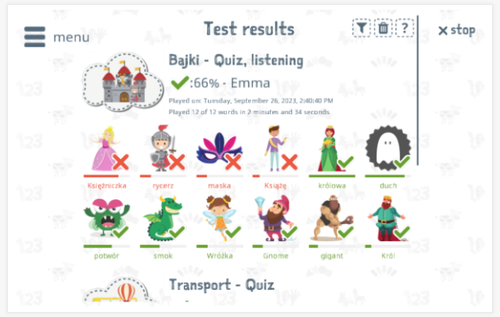 Test results provide insight into the child's vocabulary knowledge of the Fairy tales theme