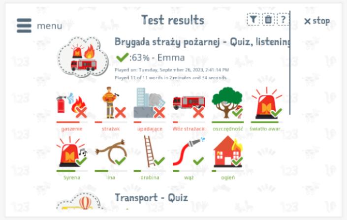 Test results provide insight into the child's vocabulary knowledge of the Fire brigade theme