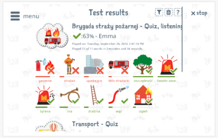 Test results provide insight into the child's vocabulary knowledge of the Fire-brigade theme