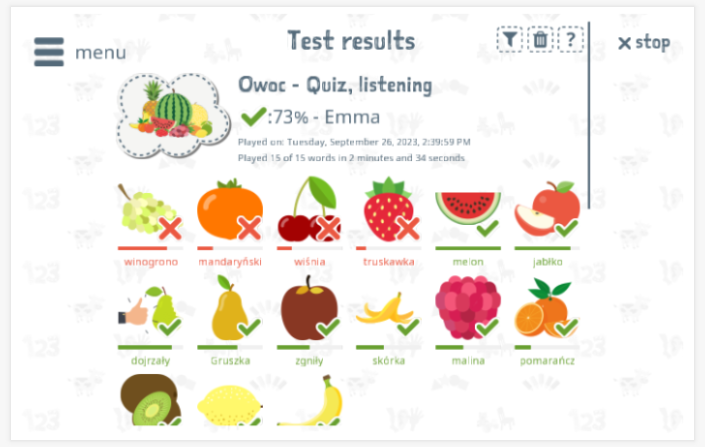 Test results provide insight into the child's vocabulary knowledge of the Fruit theme