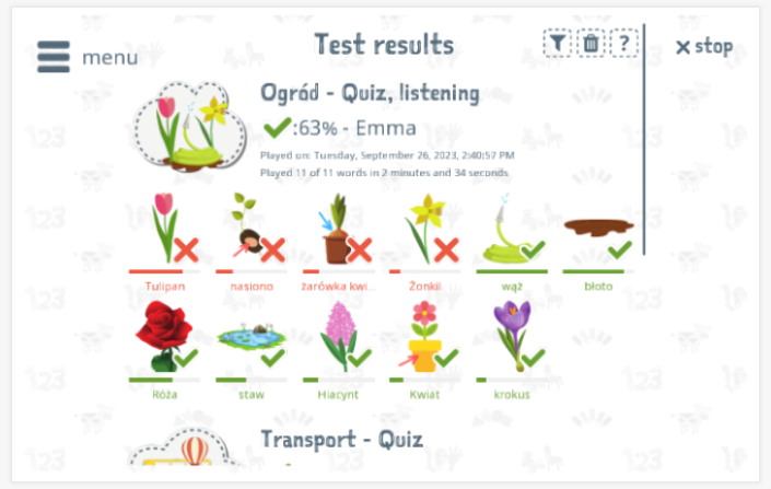 Test results provide insight into the child's vocabulary knowledge of the Garden theme