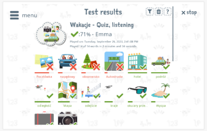 Test results provide insight into the child's vocabulary knowledge of the Holiday theme