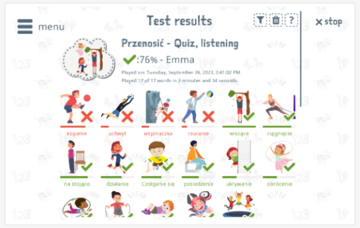 Test results provide insight into the child's vocabulary knowledge of the Move theme