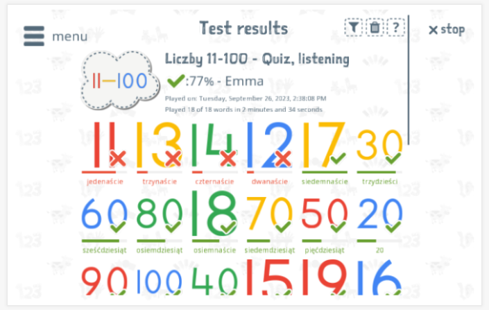 Test results provide insight into the child's vocabulary knowledge of the Numbers 11-100 theme