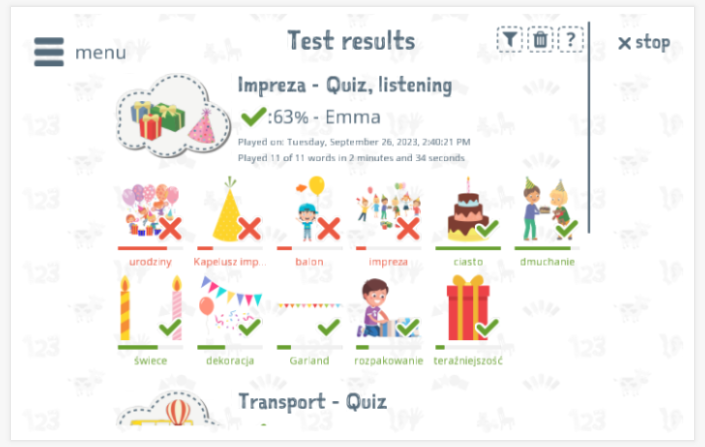 Test results provide insight into the child's vocabulary knowledge of the Party theme