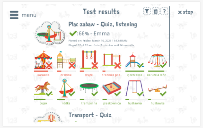 Test results provide insight into the child's vocabulary knowledge of the Playground theme