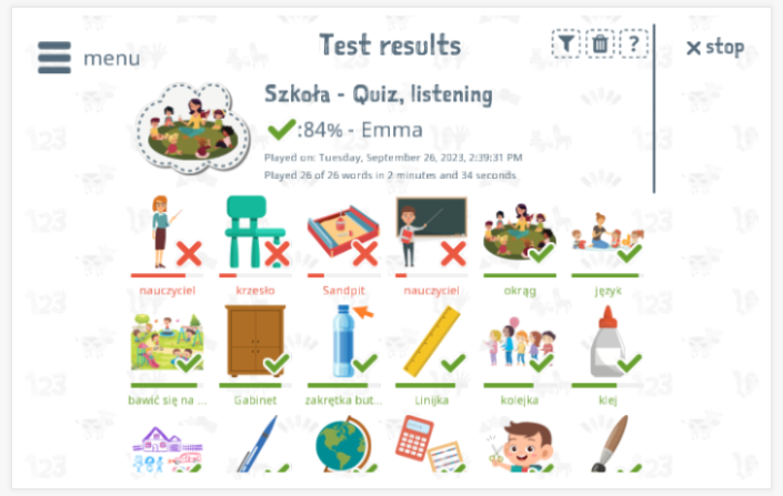 Test results provide insight into the child's vocabulary knowledge of the School theme