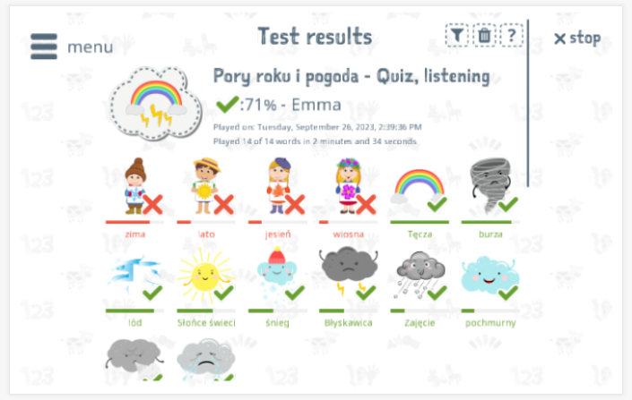 Test results provide insight into the child's vocabulary knowledge of the Seasons and weather theme