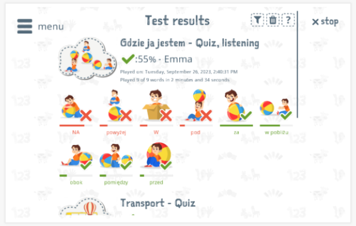 Test results provide insight into the child's vocabulary knowledge of the Where am I theme