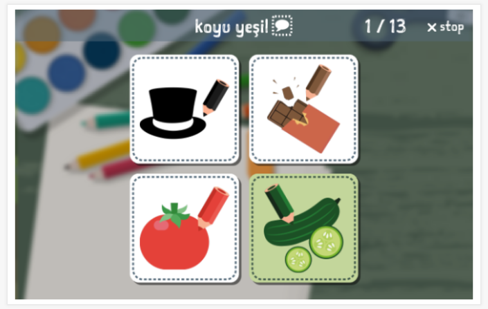 Colors theme Language test (reading and listening) of the app Turkish for children