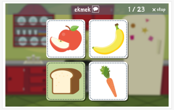 Food & drinks theme Language test (reading and listening) of the app Turkish for children