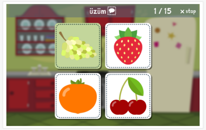 Fruit theme Language test (reading and listening) of the app Turkish for children