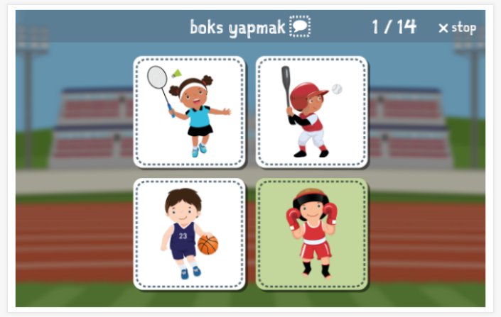 Sports theme Language test (reading and listening) of the app Turkish for children
