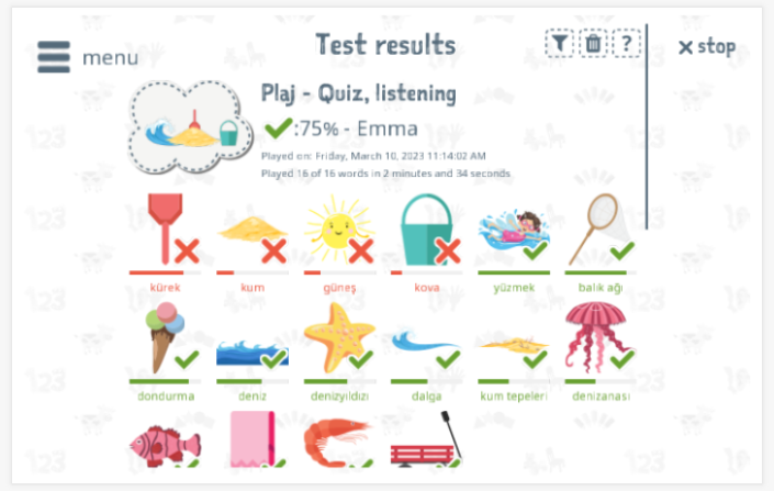 Test results provide insight into the child's vocabulary knowledge of the Beach theme