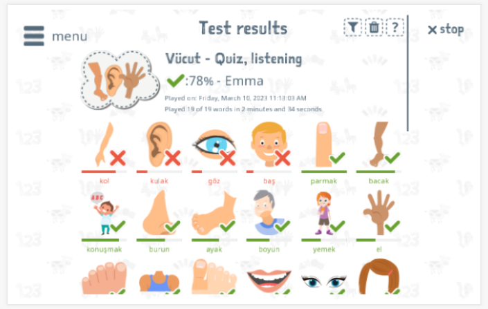Test results provide insight into the child's vocabulary knowledge of the Body theme