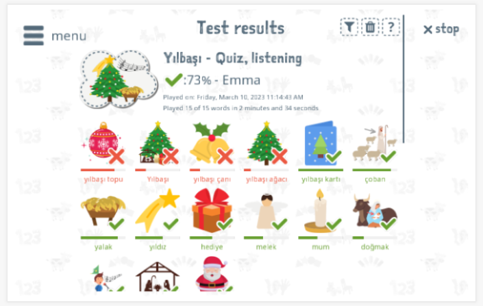 Test results provide insight into the child's vocabulary knowledge of the Christmas theme