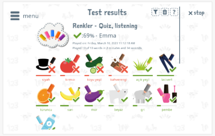 Test results provide insight into the child's vocabulary knowledge of the Colors theme