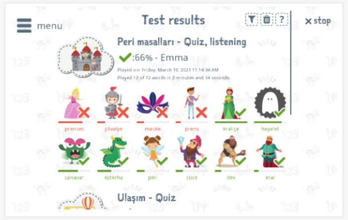 Test results provide insight into the child's vocabulary knowledge of the Fairy tales theme