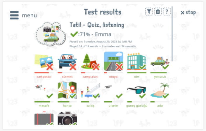 Test results provide insight into the child's vocabulary knowledge of the Holiday theme