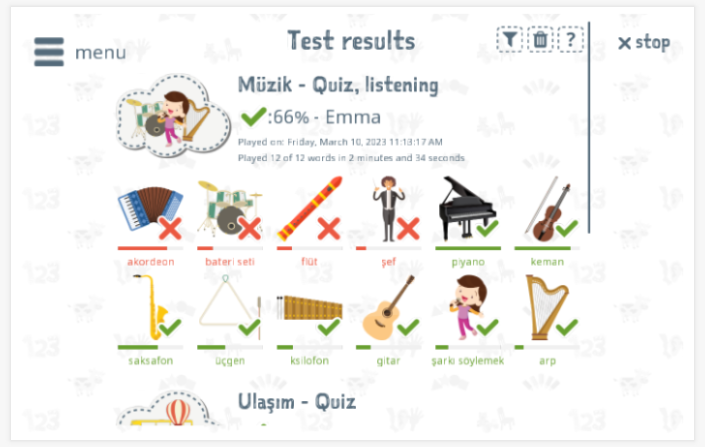 Test results provide insight into the child's vocabulary knowledge of the Music theme