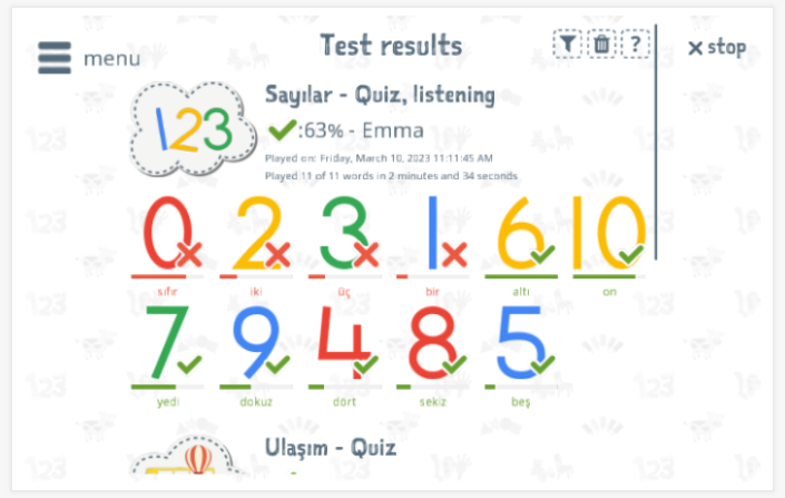 Test results provide insight into the child's vocabulary knowledge of the Numbers theme