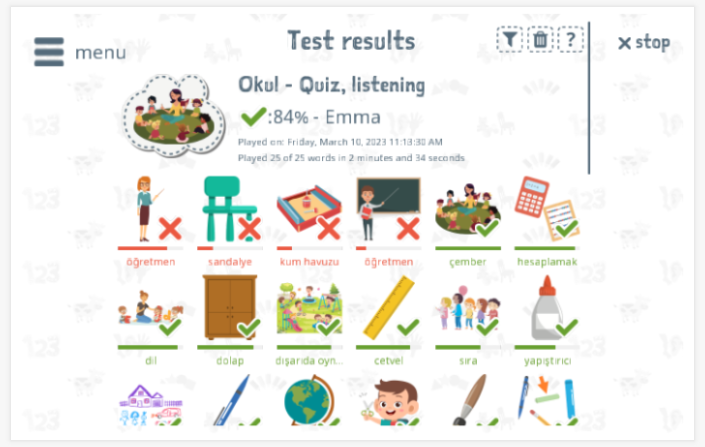 Test results provide insight into the child's vocabulary knowledge of the School theme