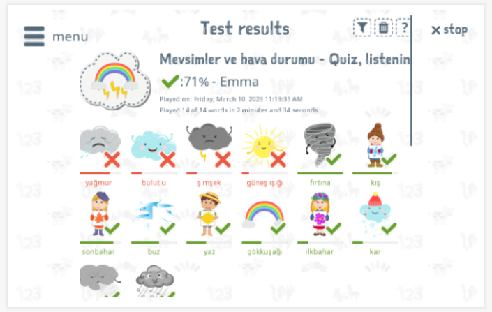 Test results provide insight into the child's vocabulary knowledge of the Seasons and weather theme