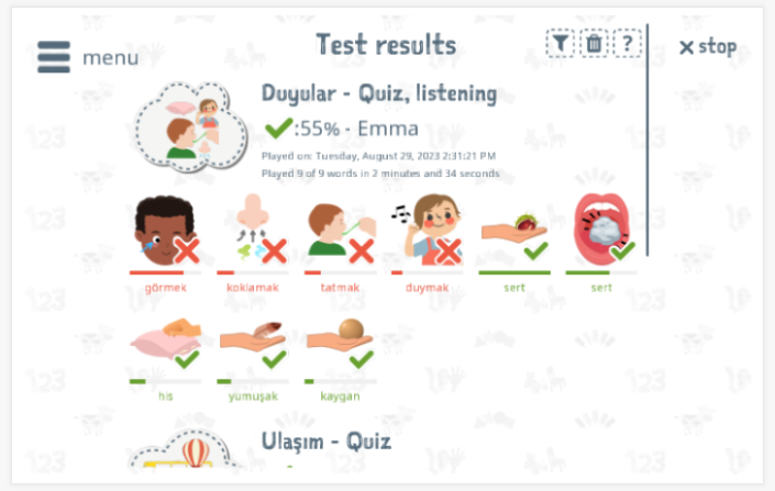 Test results provide insight into the child's vocabulary knowledge of the Senses theme