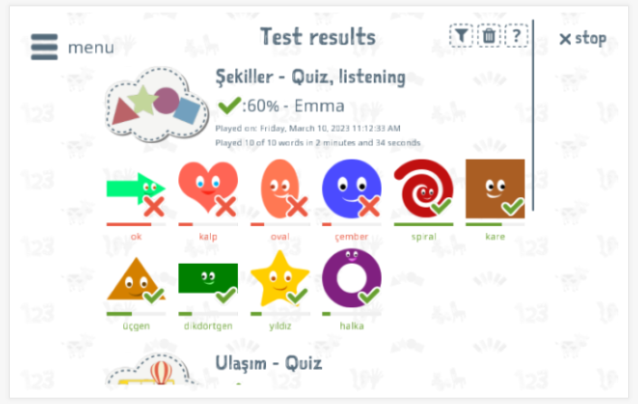 Test results provide insight into the child's vocabulary knowledge of the Shapes theme