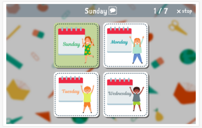 Days of the week theme Language test (reading and listening) of the app English for children