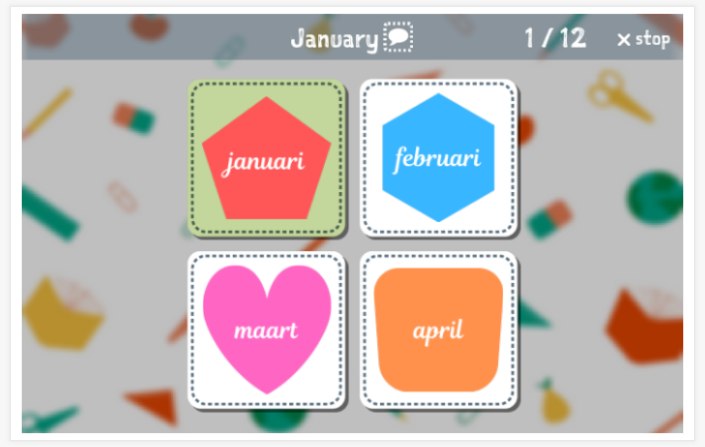 Months of the year theme Language test (reading and listening) of the app English for children