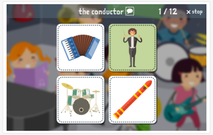 Music theme Language test (reading and listening) of the app English for children