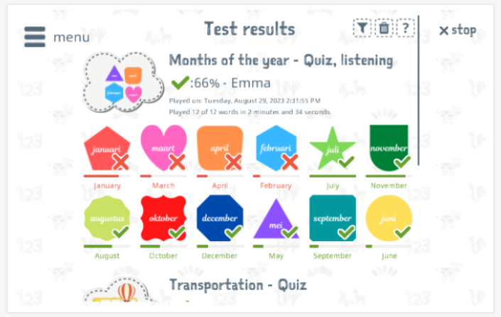 Test results provide insight into the child's vocabulary knowledge of the Months of the year theme