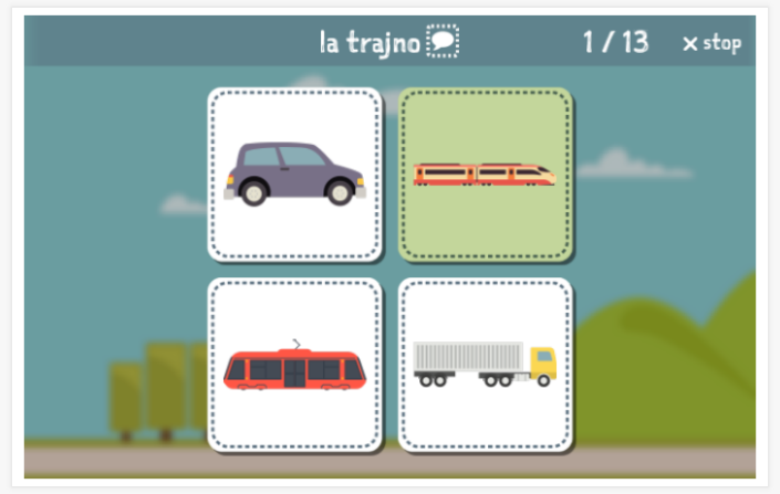 Transportation theme Language test (reading and listening) of the app Esperanto for children