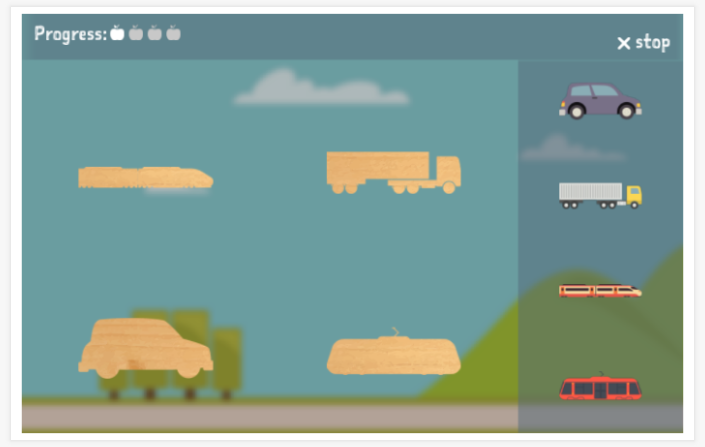 Transportation theme puzzle game of the Esperanto app for children