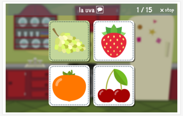 Fruit theme Language test (reading and listening) of the app Spanish for children