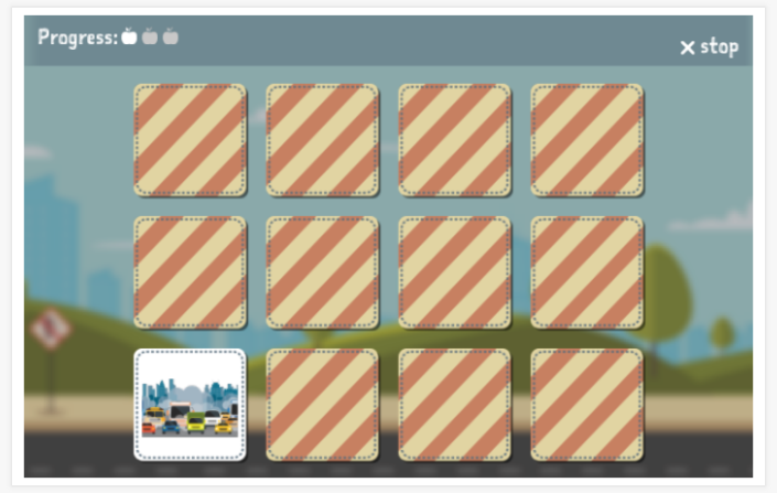 Traffic theme memory game of the Spanish app for children